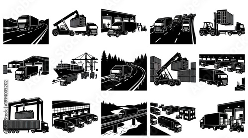 Freight Logistics  Transportation Black and White Silhouette Icons Set