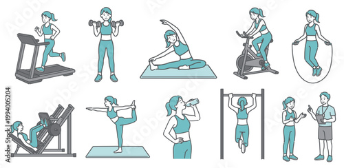 様々な運動をする成人女性の10点セットイラスト（標準体型・笑顔）