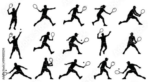 Sport Tennis Players Silhouettes Vector Set with Dynamic Athlete Poses