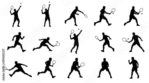 Tennis Player Silhouettes - Dynamic Poses, Black  White Vector Art