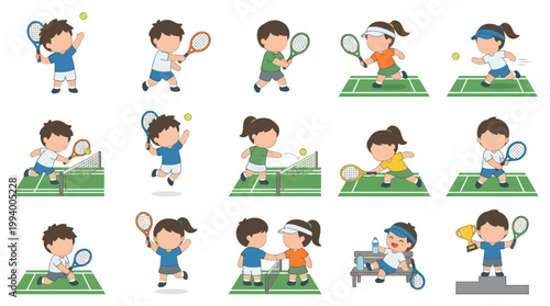 Kids Playing Tennis Flat Style Vector Illustration