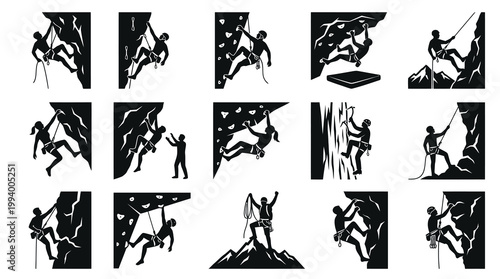 Rock Climbing Sport Glyphs Set. Adventure Climbers Black and White Silhouette Vector Icons