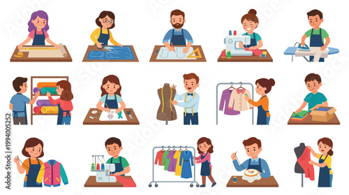 Flat Vector Illustrations of Fashion Design and Tailoring Processes with People