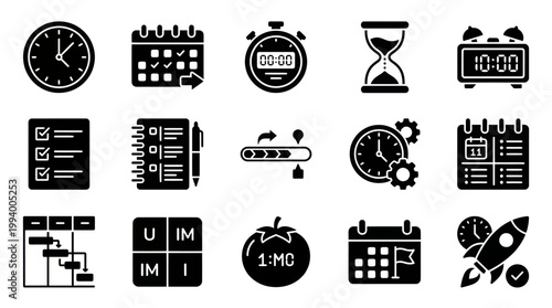 Business Planning and Time Management Icons: Calendar, Clock, Rocket, Checklist