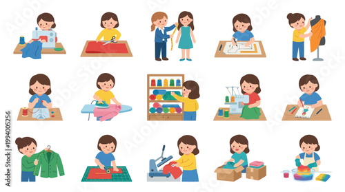 Textile Industry Sewing and Fashion Design Process Flat Vector Illustration Set