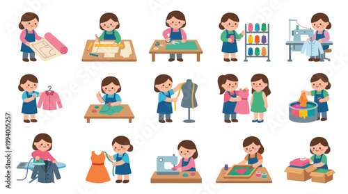 Flat Design Vector Illustration of Woman Tailor Dressmaker Sewing Fashion Design Process Steps