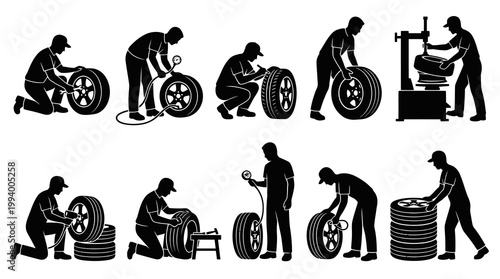 Black  White Silhouette Icons of Auto Mechanic Working on Tires