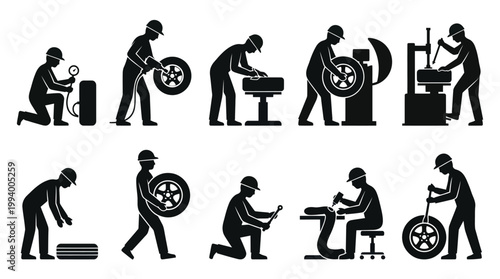 Automotive Mechanic Icons - Tire Service, Black  White Glyphs
