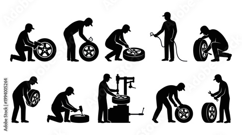 Automotive Tire Service Glyph Icons: Mechanics Working on Car Wheels Silhouettes