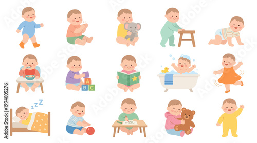 Flat Vector Illustration of Cute Babies Daily Activities for Early Childhood Development