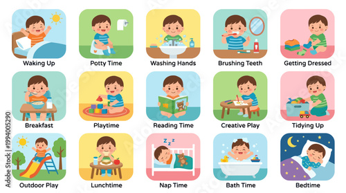 Cute Cartoon Toddler Daily Routine Icons for Kids - Flat Design