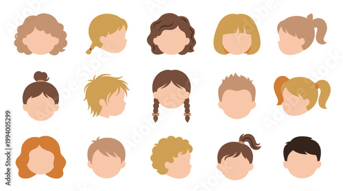 Flat Vector Illustration of Diverse Children Faces and Hairstyles. Kids Avatars Collection