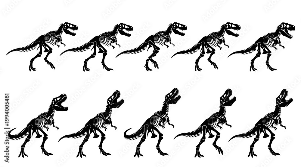 Naklejka premium Black and White Dinosaur Skeletons on White Background