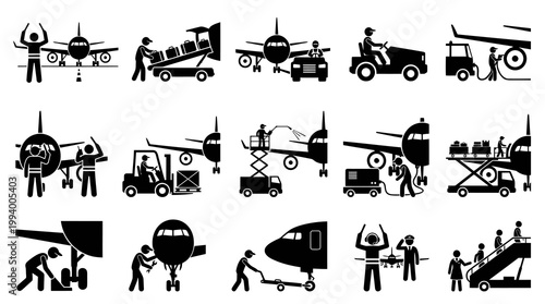 Airport ground crew icons: loading luggage, maintenance, and refueling aircraft