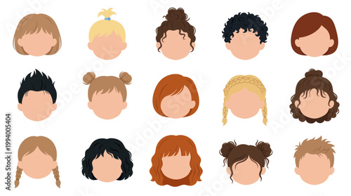 Flat Design Kids Hairstyles Icons, Children Haircut Avatars