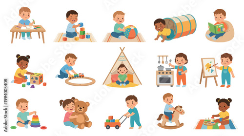 Diverse Children Playing and Learning in Various Activities Vector