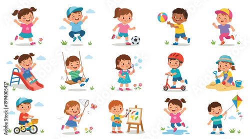 Happy Children Playing Outdoor Games  Activities. Flat Vector Cartoon Illustration Set
