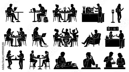 Coffee Shop People Silhouette Glyphs - Cafe Customers, Baristas  Activities