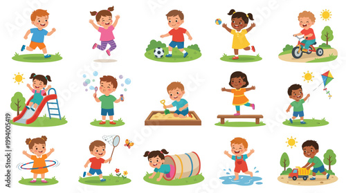 Happy Diverse Kids Playing Outdoor Games: Flat Vector Cartoon Childhood Illustration
