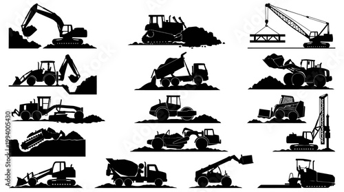 Construction Heavy Machinery Vehicles Silhouettes Icons Set - Excavators, Cranes, Loaders