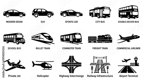 Black and White Vector Icons of Transportation Vehicles and Infrastructure
