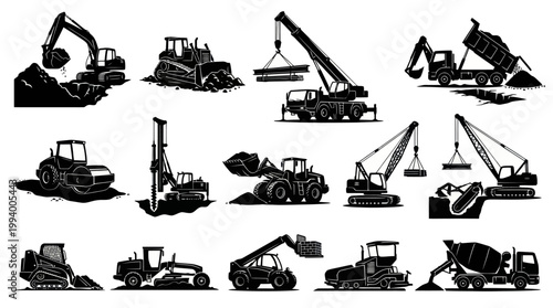 Black and White Construction Equipment Vector Icons Set