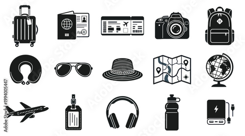 Travel Icons Set: Black  White Vector Glyph Art for Vacation and Journey