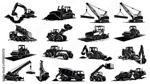 Construction Heavy Equipment Vehicles Silhouette Icons Black White Vector Set