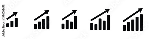 Five black bar graphs with rising arrows on white background chart