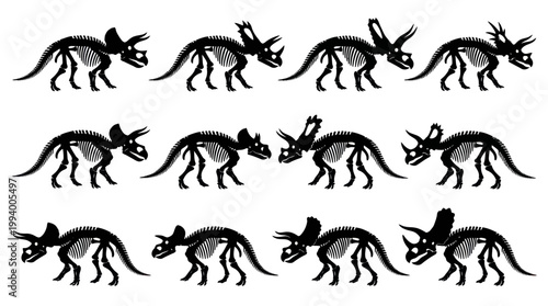 Prehistoric Triceratops Skeletons Pattern. Black  White Dinosaur Fossil Vector Art Background.