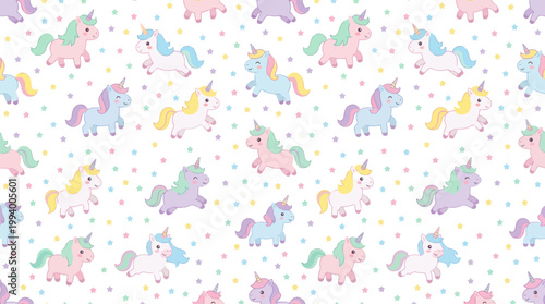 Cute Unicorn Seamless Pattern - Kawaii Fantasy Art Style - Vector Illustration