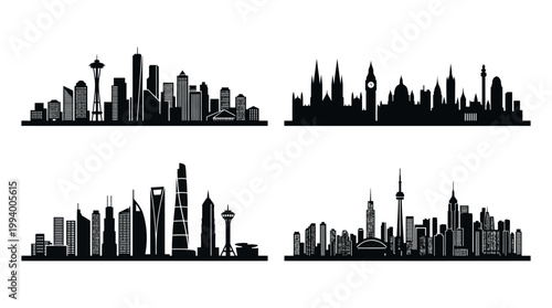 Global City Skylines Silhouette Vector Set for Travel and Urban Architecture Design