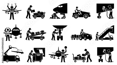 Airport Ground Crew and Aircraft Services Glyph Icons Set