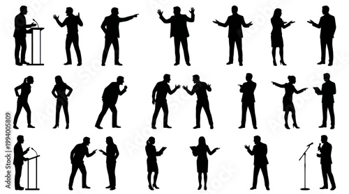 Black and white silhouettes of people in speech, business, and debate poses