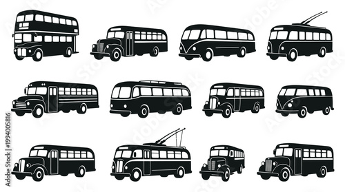 Automotive Public Transit: Retro Black  White Vintage Buses Silhouette Collection