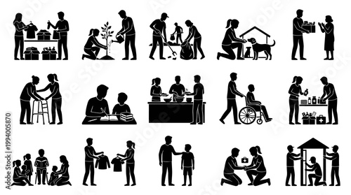 Black  White Glyph Icons of Volunteering, Charity, and Community Support