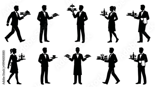 Black  White Silhouette Icons of Waiters Serving Food and Drinks