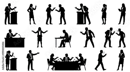Business Meeting Silhouettes: Discussion, Presentation, Negotiation, Debate