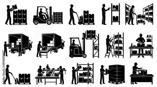Warehouse Logistics Silhouettes: Forklift, Truck, Shelving, Workers, Boxes