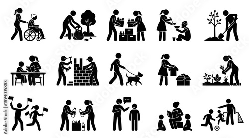 Black and White Icons Representing Community Support, Charity, and Volunteerism