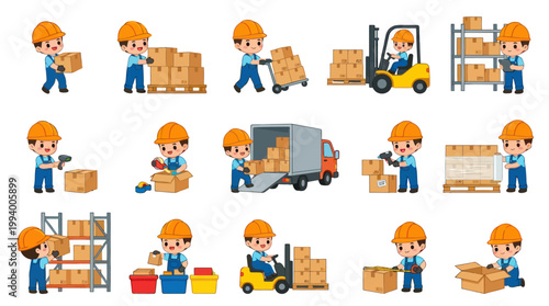 Flat Vector Logistics and Warehouse Workers Handling Boxes, Forklifts  Trucks