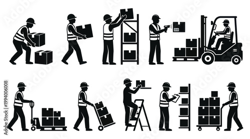 Warehouse worker icons: loading, scanning, forklift, moving boxes, logistics