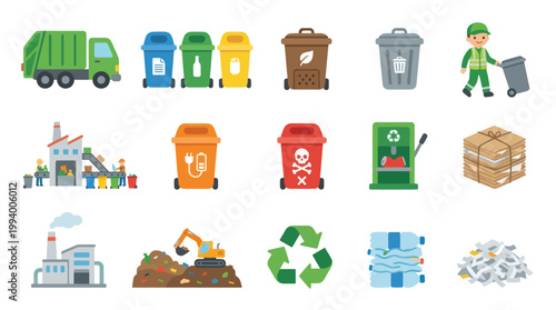 Recycling Icons Flat Design: Truck, Bins, Factory, Machine, Trash