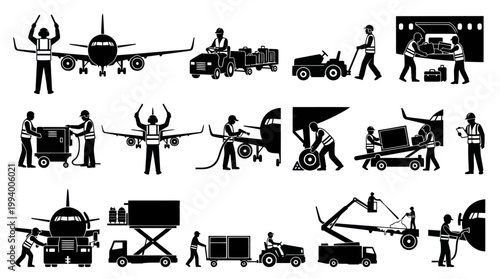 Airport ground crew and vehicles loading luggage onto airplane, black and white glyphs