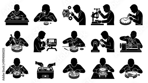 Watchmaking Horology Icons: Watch Repair, Service, and Craftsmanship Glyph Silhouettes Set
