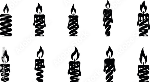 set of nine lit and unlit striped candles in flat design vector illustration