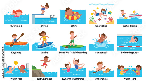 Flat Illustration of Water Sports and Activities for Kids