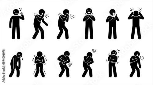 Stick figure illustrations showing common illness symptoms and discomforts