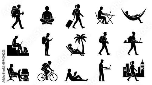 Black  White Silhouettes of People Working, Traveling  Relaxing with Laptops