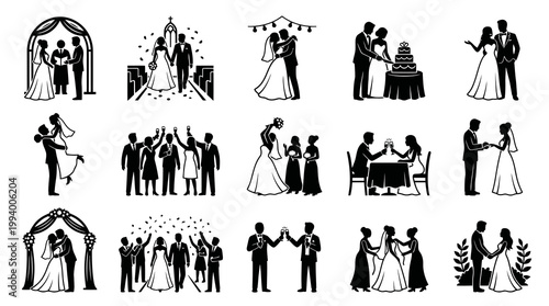 Wedding Marriage Black  White Silhouette Icons - Bride Groom Ceremony  Reception